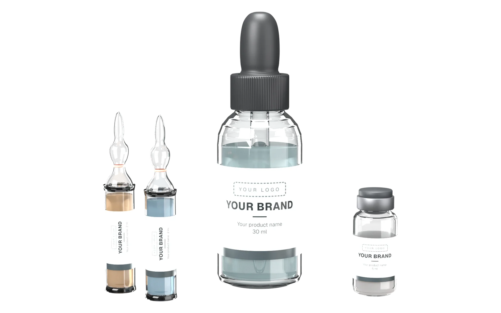 Our ampoules, dropper bottle and clinic vial, labelled with a sample brand name